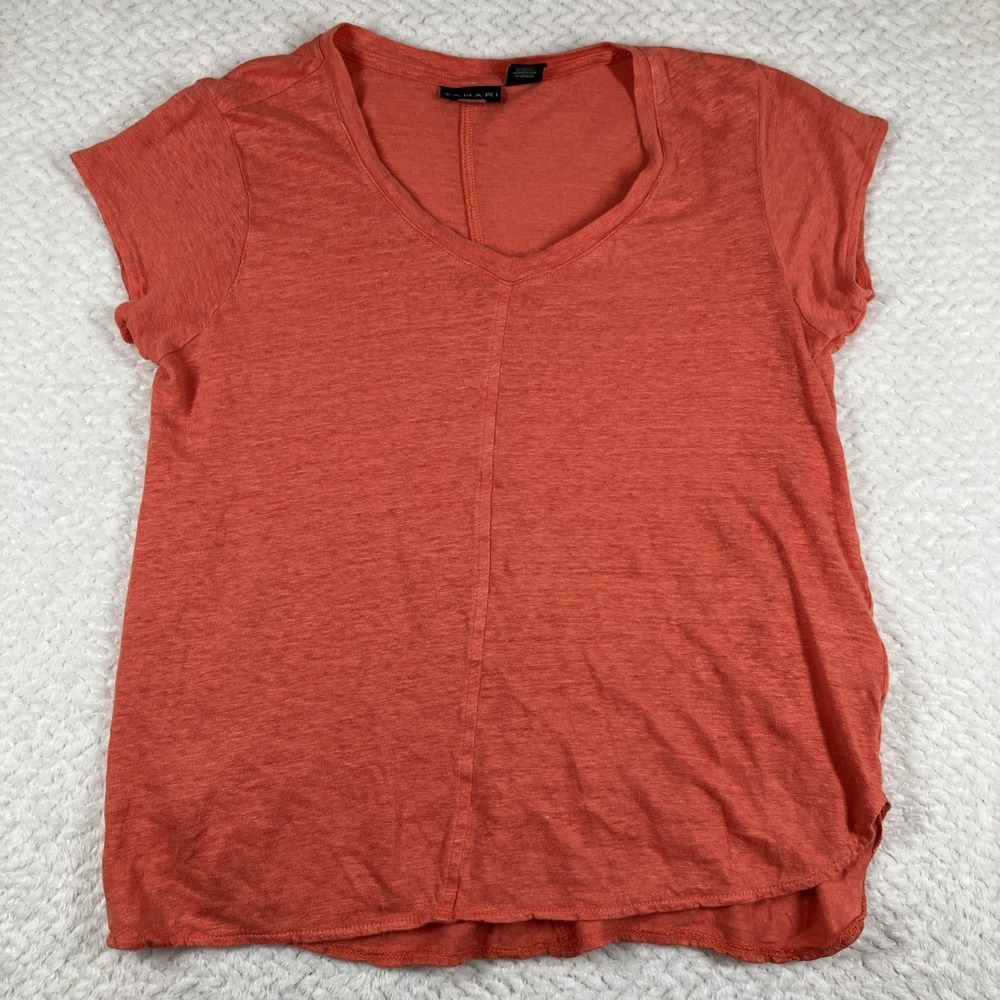Tahari Women's 100% Linen Lightweight Top Size M Pink Short Sleeve Costal